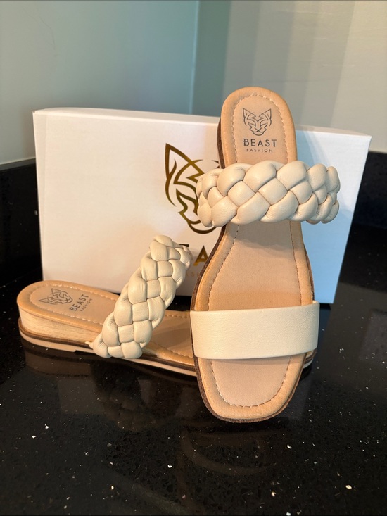 BEAST FASHION Shoes - Beast Fashion Braided & Smooth Strap Slide Sandals Cream BOHO Beach Vacation